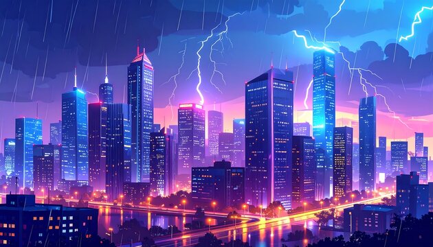 Night city storm, vibrant hues