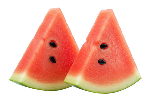 Two juicy slices of fresh watermelon with black seeds, isolated on a transparent background