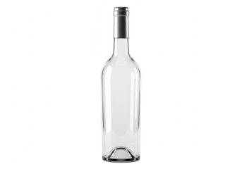An empty, clear glass bottle with a silver metal cap, isolated on a plain transparent background