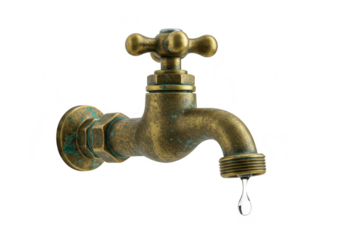 An old brass water tap with a single drop of water falling from its spout, isolated on a transparent background