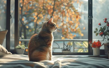 A cat quietly gazes at the world outside the window, its eyes focused