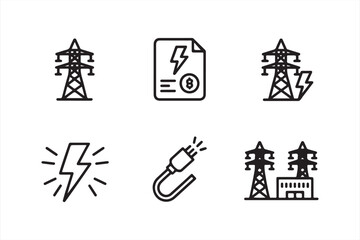 Set of Electricity, Power Tower, and Energy Utility Icons