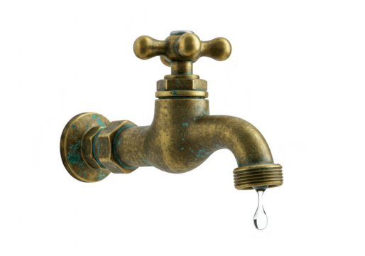 An old brass water tap with a single drop of water falling from its spout, isolated on a transparent background