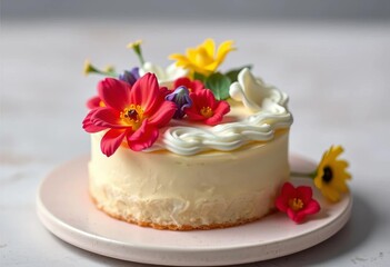 Miniature vanilla cake with buttercream frosting, decorated with edible flowers,  frosting,  celebration