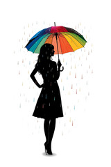 Black silhouette of a woman with a vibrant rainbow umbrella and falling rain on white. AI-generated