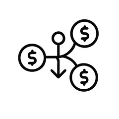 Financial flow diagram with dollar coins and downward arrow