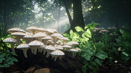 A cluster of delicate, white mushrooms with tiny caps, growing in the damp soil of a shaded forest. The soft, white mushrooms contrast against the rich, dark soil 