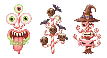 Naklejka premium Three spooky halloween candy decorations isolated on transparent background