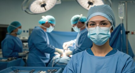 Confident Female Surgeon in Mask and Goggles with Surgical Team in Operating Room