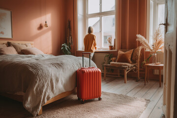 Caucasian middle aged woman standing by window in hotel room looking outside, large suitcase placed near bed, natural light illuminating cozy guest accommodation, travel concept