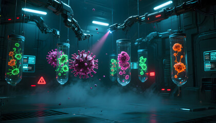 Robotic arms conducting advanced virology research on glowing virus specimens in a futuristic, neon-lit science laboratory.