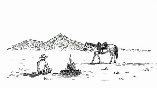 Cowboy Sitting by Fire with Horse in a Scenic Mountain Landscape