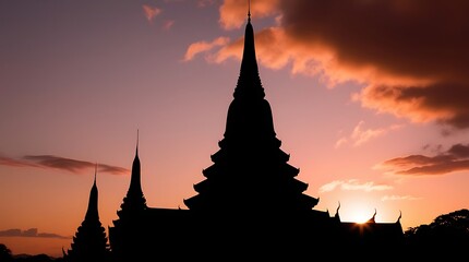 Silhouetted spires of traditional Asian temple architecture beneath a dramatic sunset sky with vivid orange, pink, and purple hues, capturing serenity, culture, and twilight beauty.

