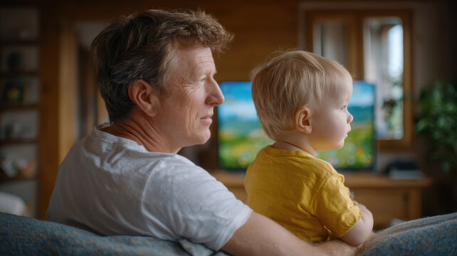 father and son watching cartoon - Powered by Adobe