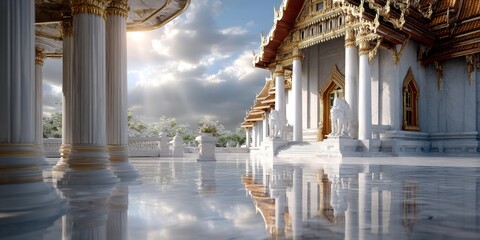 Naklejka premium Sunlight reflecting on wet marble floor of majestic asian temple