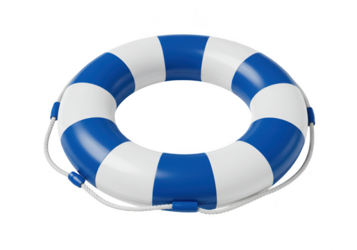 A blue and white striped lifebuoy, symbolizing safety and rescue, isolated on transparent background