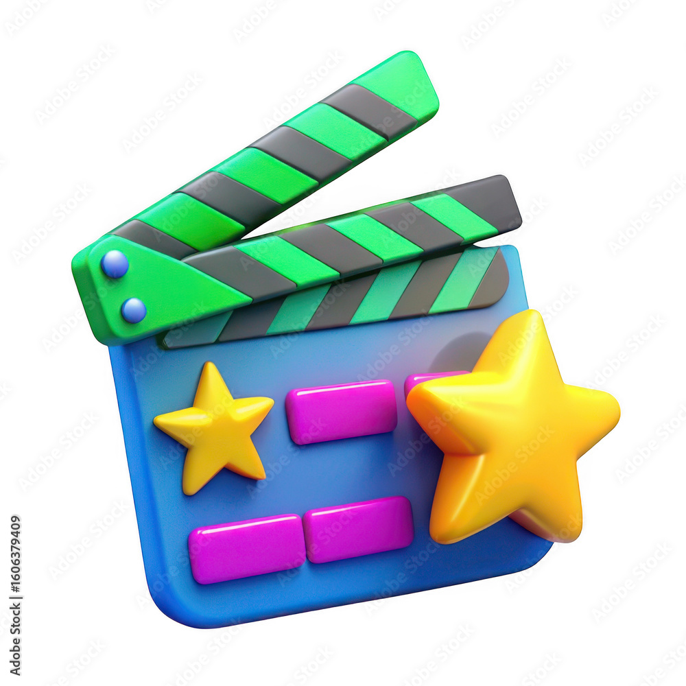 Poster 3d movie clapperboard with stars isolated on transparent background