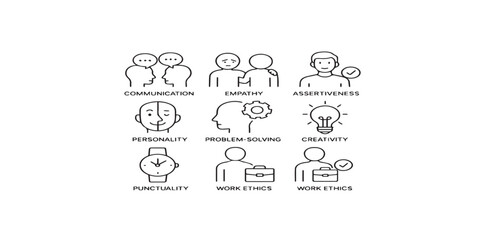 Print   Skills line editable icon set. Containing communication, empathy, assertiveness, personality, problem-solving, creativity, punctuality, work ethics, and more