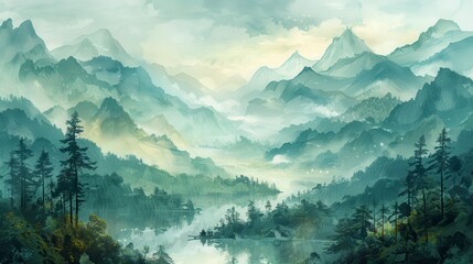 Layered misty mountain range with a serene lake reflects soft light, framed by lush trees