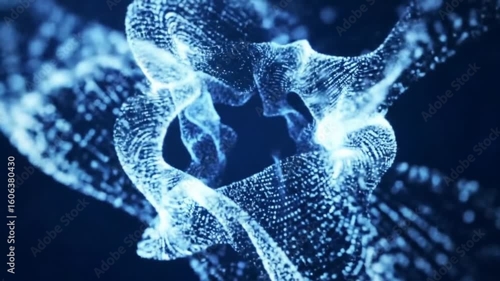 Poster an ethereal digital wave of shimmering blue particles flows gracefully, representing complex data st