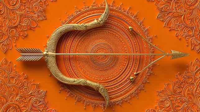 Golden bow and arrow hindu ram navami dhanush with intricate designs for festive background wallpaper art