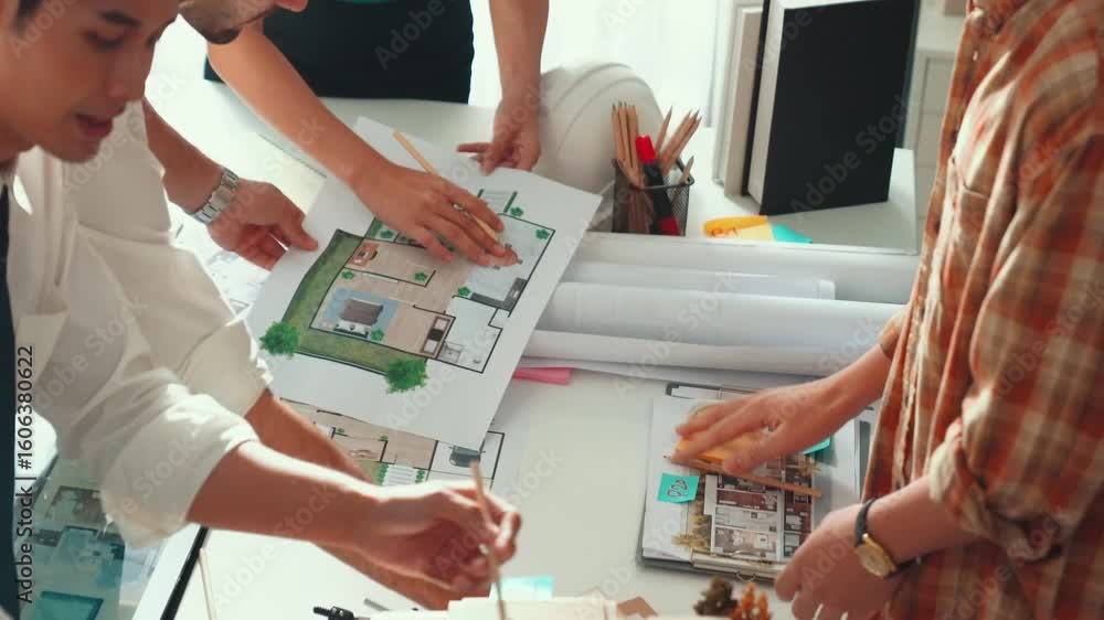 Poster smart architect or civil engineer writing building structure idea on note and stick on blueprint. ae