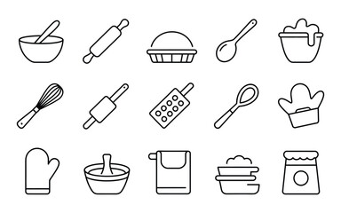 Baking and Kitchen Utensils Icon Set - Featuring Bowl, Rolling Pin, Whisk, Spoon, Oven Mitt, Towel - Perfect for Cooking and Culinary Designs - Vector