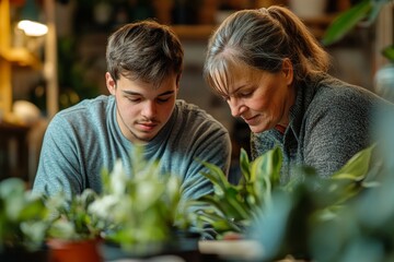 Portrait of a young man with Down syndrome and his mother at home, tending to plants together. The image reflects the nurturing bond between a parent and a child with disabilities, Generative AI