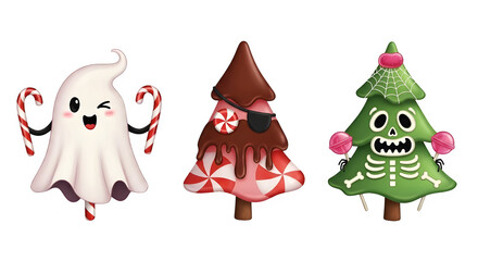 Fototapeta premium Three halloween themed cartoon trees and a ghost isolated on transparent background