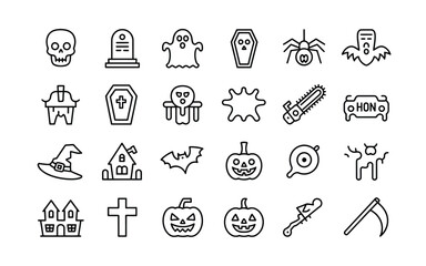 Halloween Spooky Elements and Scary Objects Icon Set - Featuring Skull, Gravestone, Ghost, Coffin, Spider, Bat, Pumpkin, Haunted House, Witch Hat, Scythe - Vector