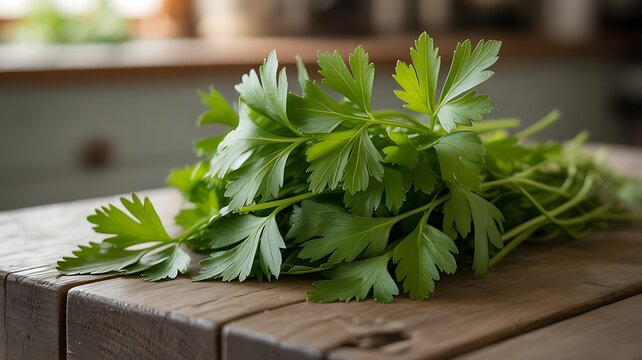 Fresh bunch of leafy green celery on a rustic wooden table