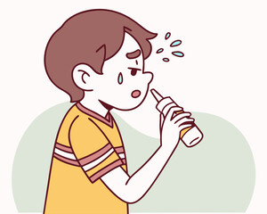 Boy using nasal spray, feeling unwell, illustrated, with copy space