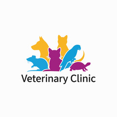 Colorful veterinary clinic logo showcasing animals for pet product brand, brand or veterinary clinic. Veterinary clinic logo showcases vibrant pets: cat, dog, parrot, rat and turtle.
