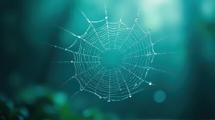 Close Up of Dewy Spider Web on Blurred Green Background in Nature