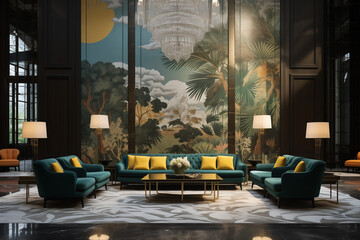 
Luxury hotel lobby with statement wallpaper