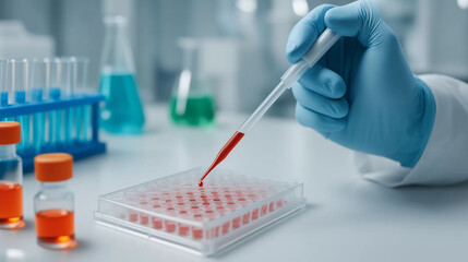 Medical researcher using pipette for blood test in laboratory with test tubes showing diagnostic analysis and scientific research in healthcare
