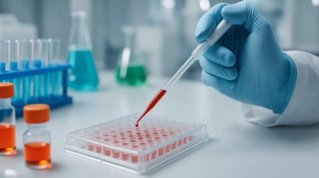 Medical researcher using pipette for blood test in laboratory with test tubes showing diagnostic analysis and scientific research in healthcare