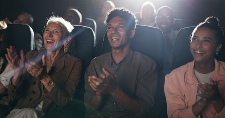 Applause, happy and audience in theatre for movie, comedy show and reaction for film in cinema. Laughing, entertainment and group of men and women for motion picture, premiere success and approval