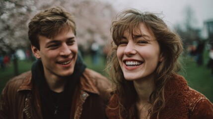 Fototapeta premium Happy Young Couple Strolling Together in Nature — Capturing Joyful Moments and Love in a Serene Outdoor Setting
