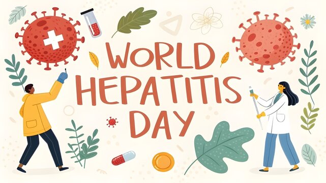 World hepatitis day with medical professionals and virus illustrations