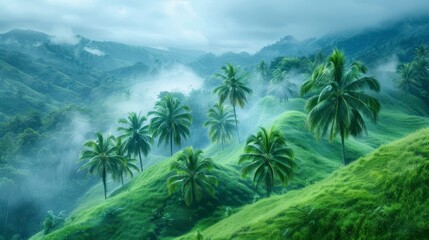 Lush green landscape with palm trees and mist-shrouded mountains under a cloudy sky