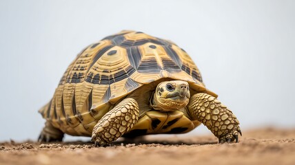 Fototapeta premium A leopard tortoise walks slowly across sandy ground