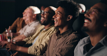 Audience, watching movie and people in cinema, funny and expression with surprise. Crowd, shocked and group with humor, comedy film and theater with reaction, fun and laughing with entertainment