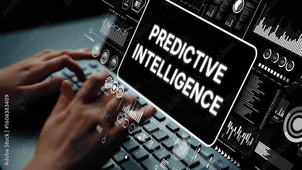 Poster hands typing on keyboard with predictive intelligence interface and data visualization elements. asy