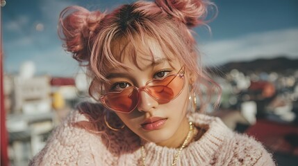 Stylish young woman with pink twin buns and heart shaped sunglasses in urban setting