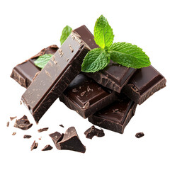 Dark chocolate pieces arranged with fresh mint leaves brain stimulating treat indulgent and healthy snack