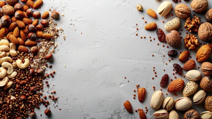 Variety of nuts and seeds arranged on light gray surface, framing empty space