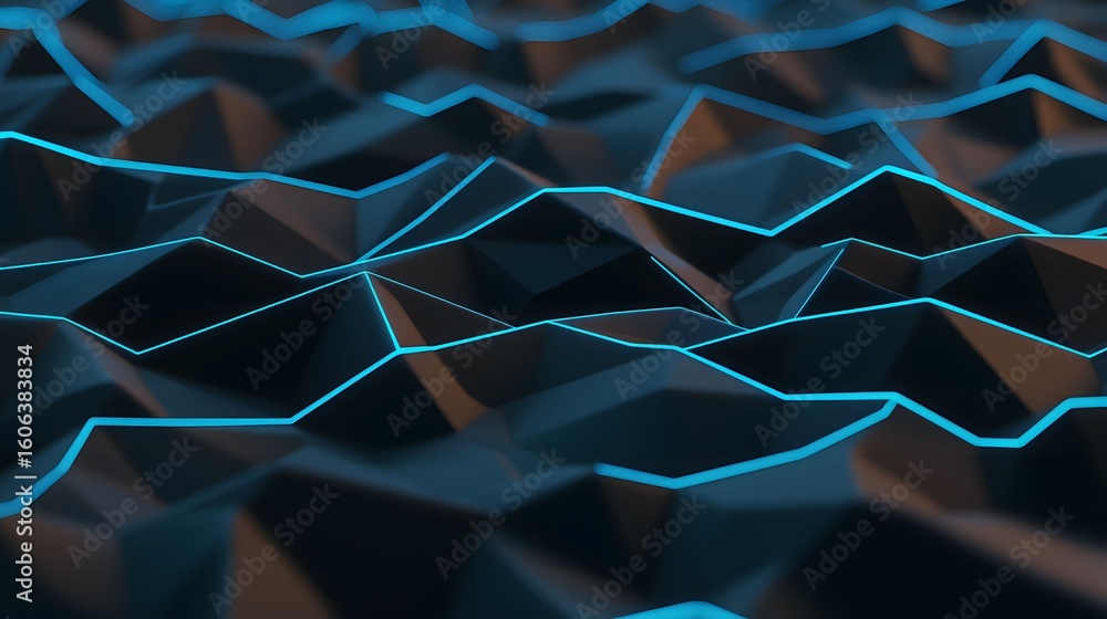 Aufkleber the image shows a dynamic abstract landscape with a polygonal surface in dark tones, illuminated by 