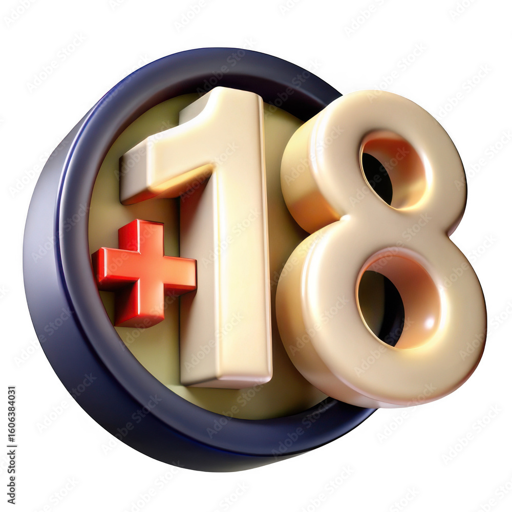 Poster 3d 18 plus symbol with red cross isolated on transparent background