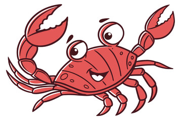 A cheerful cartoon illustration of a red crab smiling with large claws and cartoon eyes against a clean white background.